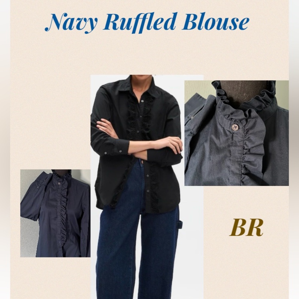 Banana Republic ruffle neck blouse/navy cotton. /size Small